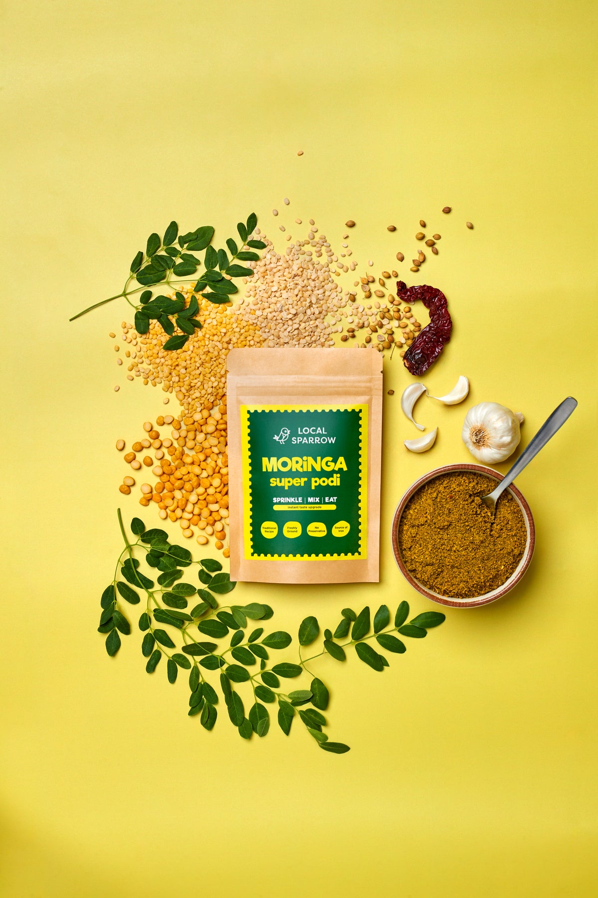 Fresh moringa leaves used to make Local Sparrow Moringa Super Podi